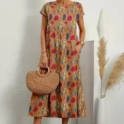  WOMEN CASUAL SUMMER COTTON LINEN DRESS WITH POCKETS SHORT SLEEVE